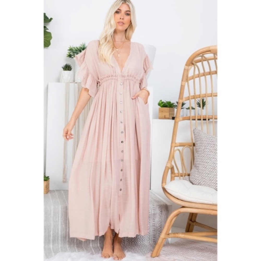 SOLD OUT Nude Blush Gauze Boho Button Short Slv Deep V Woven Gathered Maxi - Picture 2 of 6